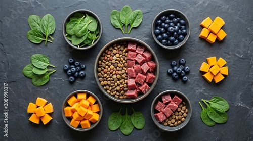 Flat lay of healthy dog food bowls with fresh meat and vegetables