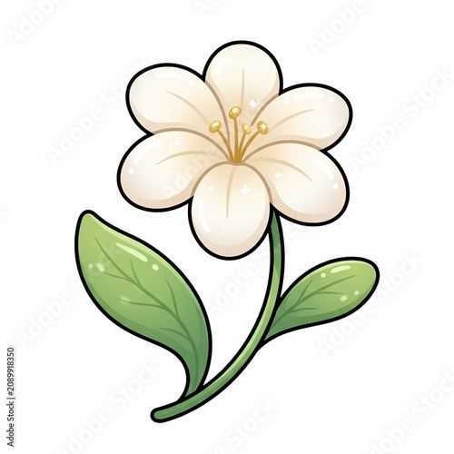 Kawaii white jasmine floral sticker icon in cute cartoon style