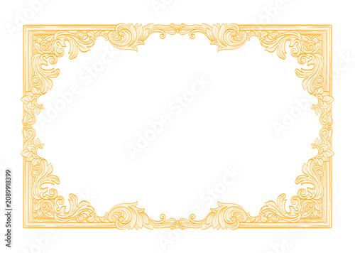 Vintage golden frame, elegant museum picture. Ornate baroque floral border and rococo heraldic emblem for luxury branding card. Vector hand drawn classic isoplate on transparent backdrop