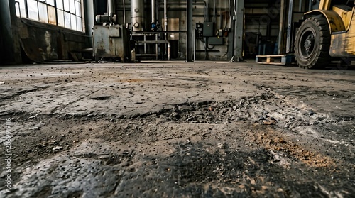 Dirty industrial warehouse floor interior.