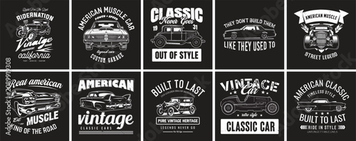 Black and White Vintage American Muscle Car T-Shirt Design Bundle.