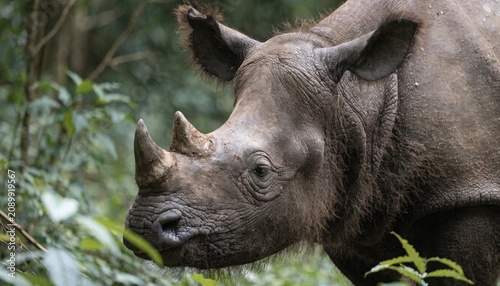 Obraz na płótnie Close up of a Bornean rhino, Sabah Rhino, Sumatran rhinoceros or hairy rhino in forest, Sumatra, Indonesia