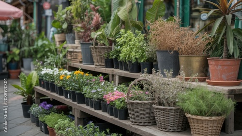 Assorted potted plants and flowers arranged in a bright garden shop display