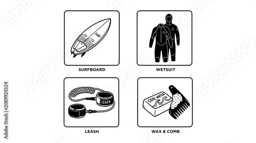 Foto Surfing equipment icons including a surfboard wetsuit leg leash surfboard wax wi
