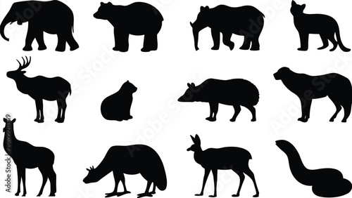 Animals including elephants and bears appear in this comprehensive set of black silhouettes that offer diverse wildlife shapes suitable for educational materials and graphic design projects.