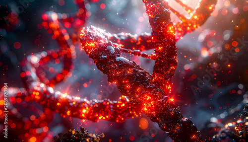 Abstract scientific illustration of DNA double helix, molecular structure of genetic code, translucent material, crystalline structure