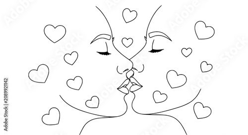 Tableau sur toile Minimalist outline of a couple kissing surrounded by hearts, love and romance co