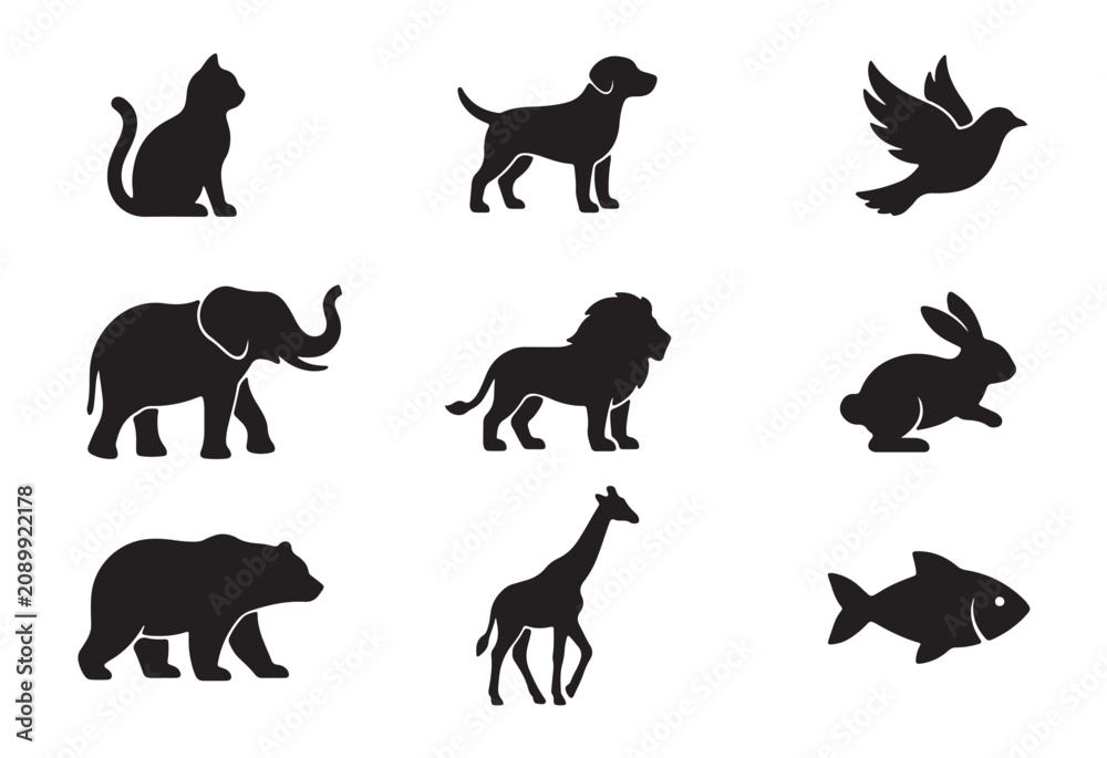 Obraz premium Animal Silhouette Icon Set with Cat, Dog, Bird, Elephant, Lion, Rabbit, Bear, Giraffe and Fish