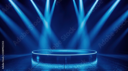 Concert stage with blue stage lights and modern speaker system