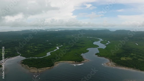 Mangrove forest landscape with river channels connecting to the coastline. Siargao, Philippines.