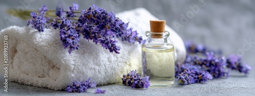 Lavender essential oil in a small bottle. Selective focus. Generative AI