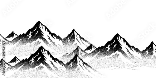 Grayscale vector halftone dots background with a fading dot effect, resembling a abstract mountain landscape. Black noise dots, a sand grain effect, and grunge banner.