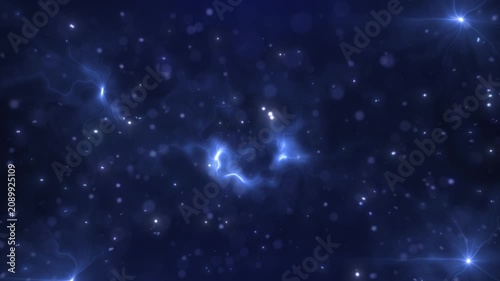 Blue glowing particles and electric energy drift through deep space, creating a futuristic cosmic background with motion, depth, and luminous light.