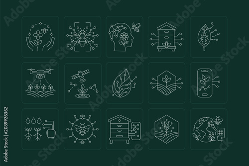 Editable stock line icons illustrating smart farming and connected beekeeping concepts