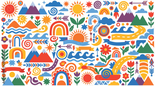 Colorful landscape icons with mountains, flowers and sun
