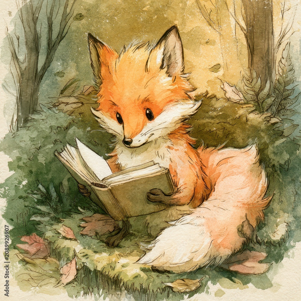 Fototapeta premium Cozy woodland fox reading a book in soft ink and watercolor tones