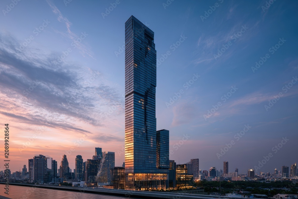 Obraz premium Evening cityscape of Bangkok featuring a prominent glass high-rise in Silom