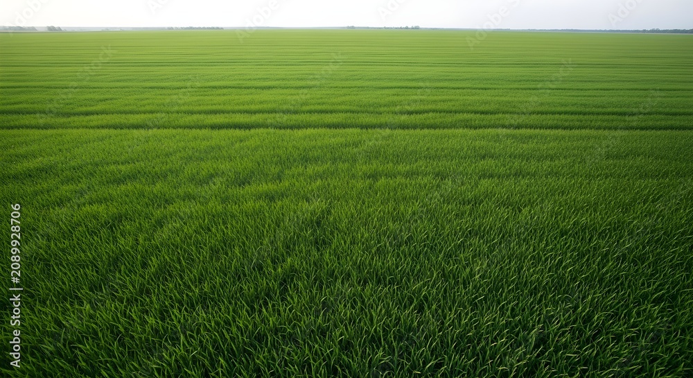 Obraz premium Aerial view of a vast, vibrant green agricultural field under a clear sky, showcasing the lush texture and uniform growth of a healthy crop