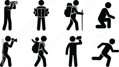 Fotografía Hiking and Outdoor Adventure Stick Figure Icons Set Isolated on White Background