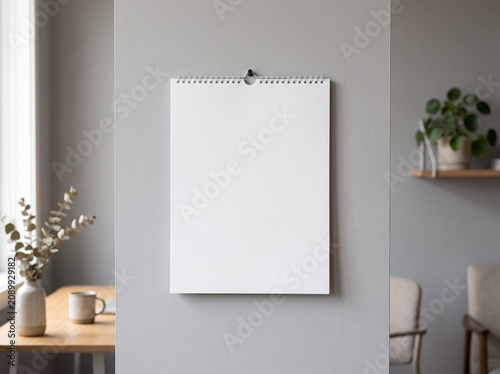 Blank Calendar Page on Wall: A clean, blank calendar page hangs on a neutral-toned wall, offering a minimalist space for notes, plans, or artwork.