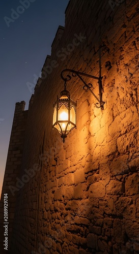 A warmly lit lantern mounted on a rustic stone wall at dusk
