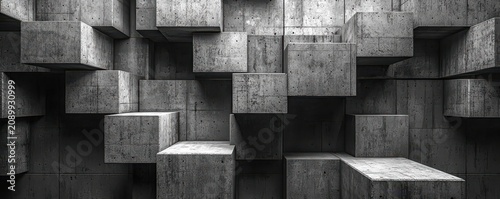 Modern brutalist architecture featuring geometric concrete blocks and large windows showcasing minimalist style