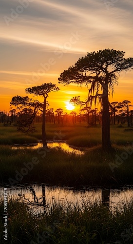 Serene landscape with trees silhouetted against a vibrant orange sunset over a peaceful body of water