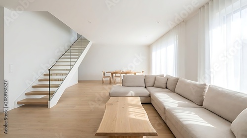 Modern living room interior with staircase and sofa
