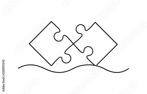 Jigsaw pieces continuous one line drawing of puzzle vector on transparent.