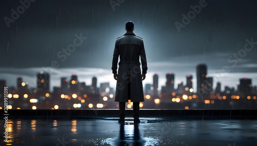 man in trench coat standing on rainy rooftop overlooking city
