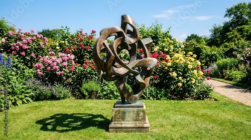 Abstract Bronze Sculpture Amidst Vibrant Blooming Rose Gardens in a Serene Park Setting