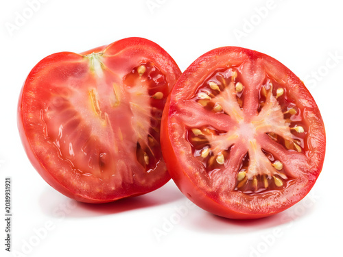 Fresh cut tomato halves isolated on white background