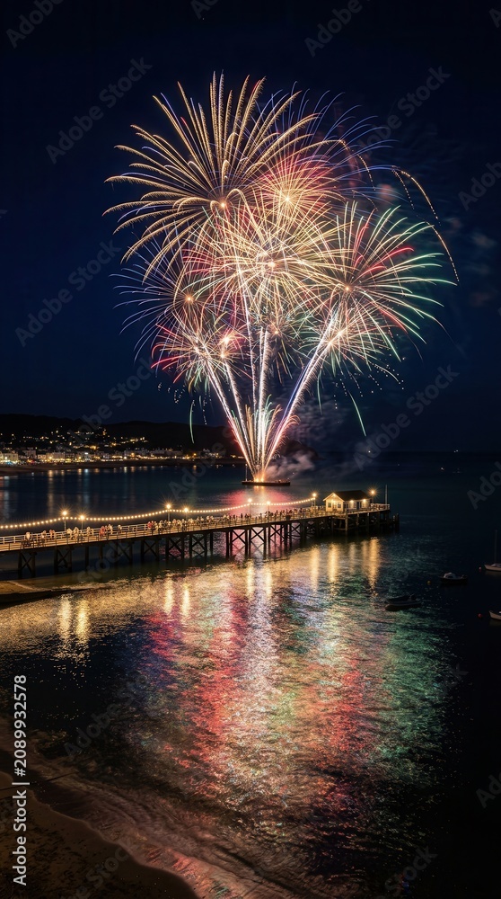 Fototapeta premium A Breathtaking Night Scene Featuring Vibrant Fireworks Exploding Over a Coastal Pier and Reflecting on the Calm Ocean Waters During a Festive Summer Celebration