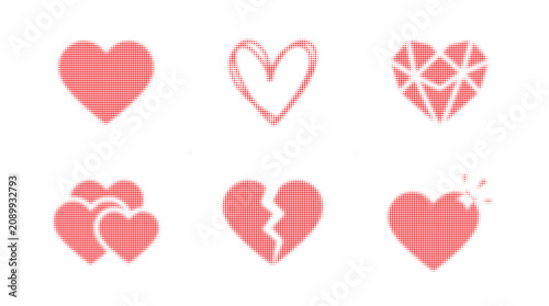 Selection of pixelated red heart icons displaying unique artistic styles and broken heart elements.