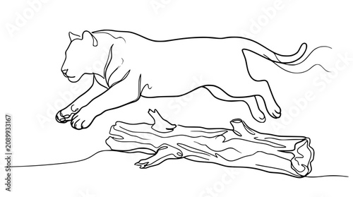 Fotografie Leaping Panther Outline Over Log, Dynamic Animal Illustration