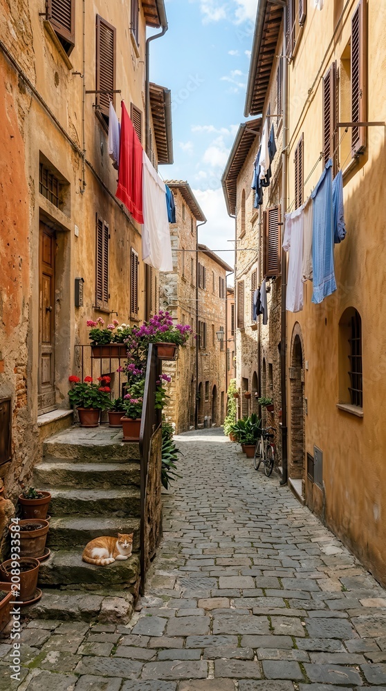 Obraz premium Charming Italian Alleyway in Tuscany with Cobblestone Path, Vibrant Potted Flowers, Hanging Laundry, and a Resting Cat in a Picturesque Historic Village Setting
