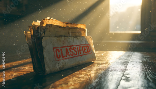 Classified secret documents and confidential information. Retro espionage and intelligence files. Old dusty folder marked classified sitting on a wooden desk with dramatic light