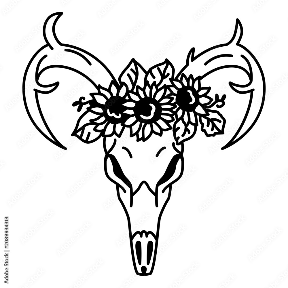 Obraz premium Animal skull flowers line art