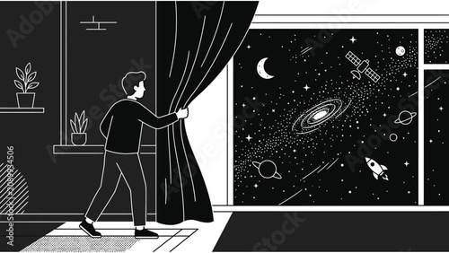 Quadro su tela Man opening window curtain to reveal outer space galaxy with stars planets and r