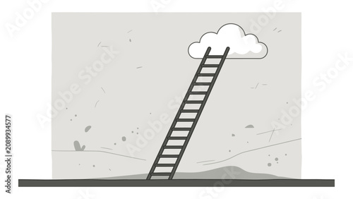 Obraz na plátně Minimalist vector illustration of a ladder leaning against a wall and reaching u
