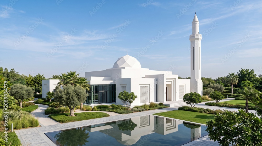 Fototapeta premium Modern White Mosque Reflecting Pool Garden Daylight