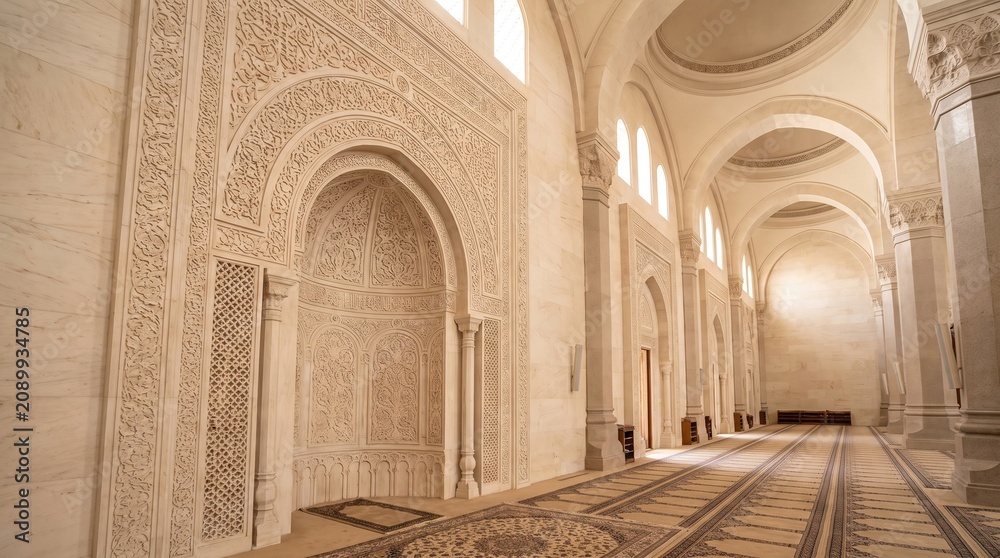 Fototapeta premium Elegant Carved Mosque Prayer Hall Arched Corridors