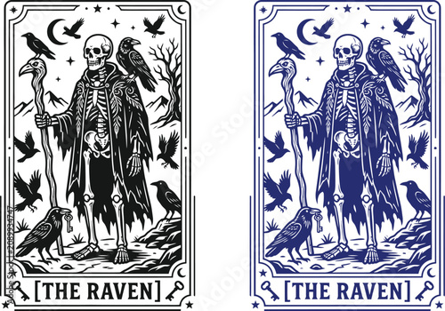 Halloween tarot card the raven vintage skeleton illustration with birds and key gothic occult design