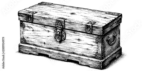 Beautifully detailed vintage engraving of a rustic wooden treasure chest with sturdy metal fittings and lock, evoking adventure, history, storage, and hidden treasure themes.