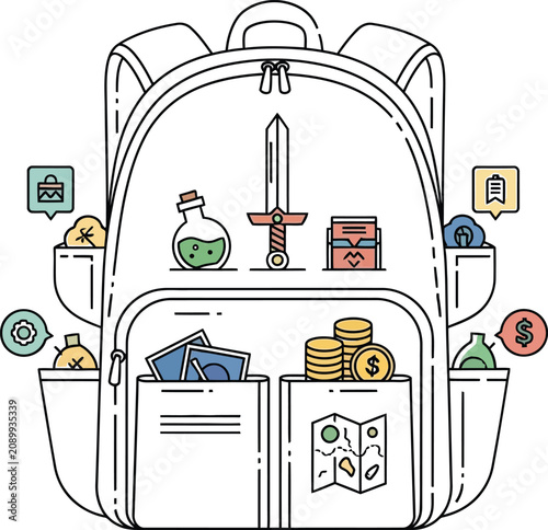 Adventure backpack with fantasy game items like a sword potion and coins for an explorer or gamer character design