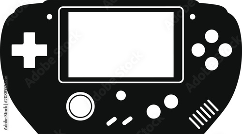 Black and white icon of a handheld video game console with buttons and a screen for retro gaming entertainment