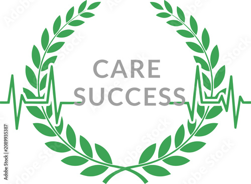 Care success text logo with green laurel leaves and medical heartbeat pulse line graphic