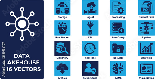 Data Lakehouse Vector Icons for Cloud Computing and Big Data Analytics