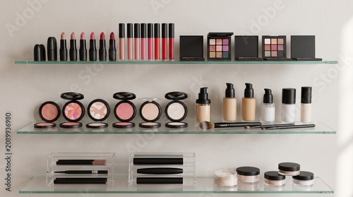 Variety of makeup products on glass shelves
