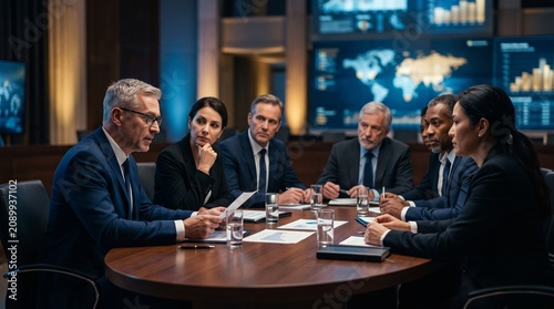 An emergency diplomatic meeting in a grand European government hall; ministers and ambassadors gathered around an oval table, with digital maps and strategic documents blurred in the background.